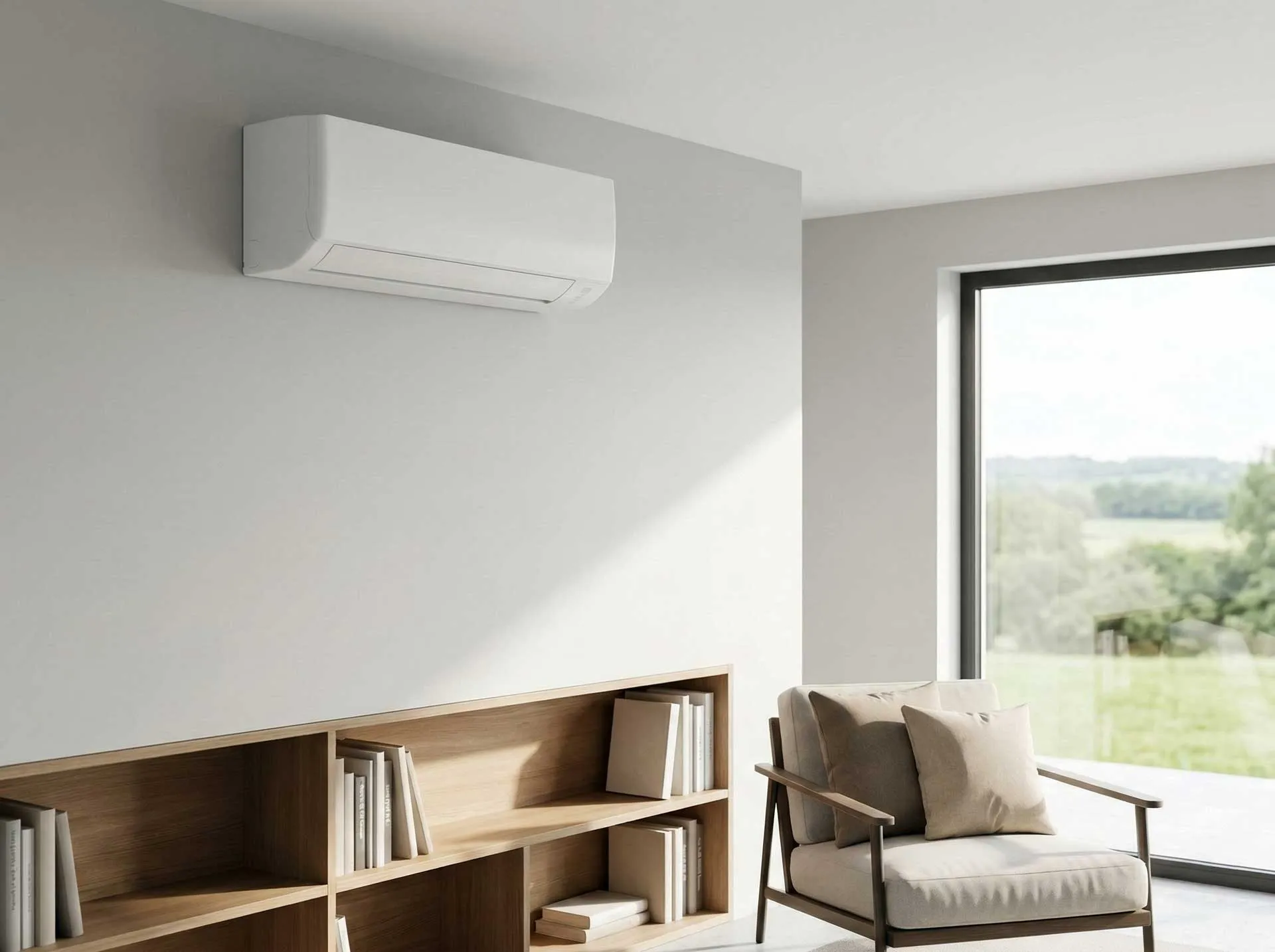 Installation soignée d'une unité de climatisation murale Design ACM Clima dans un salon contemporain lumineux