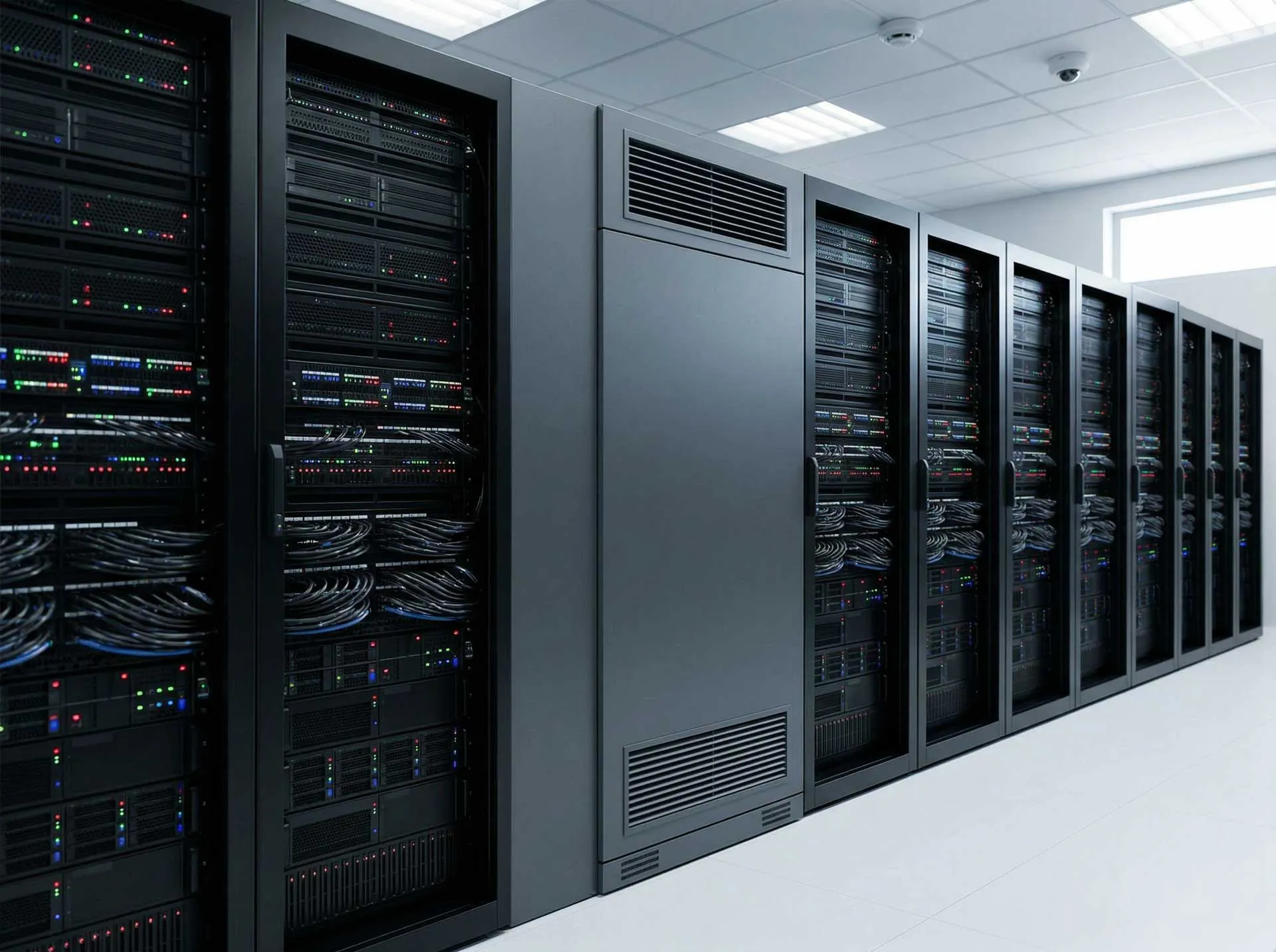 Environnement de Data Center avec racks de serveurs et unité de climatisation de précision installée par ACM Clima pour le contrôle de température